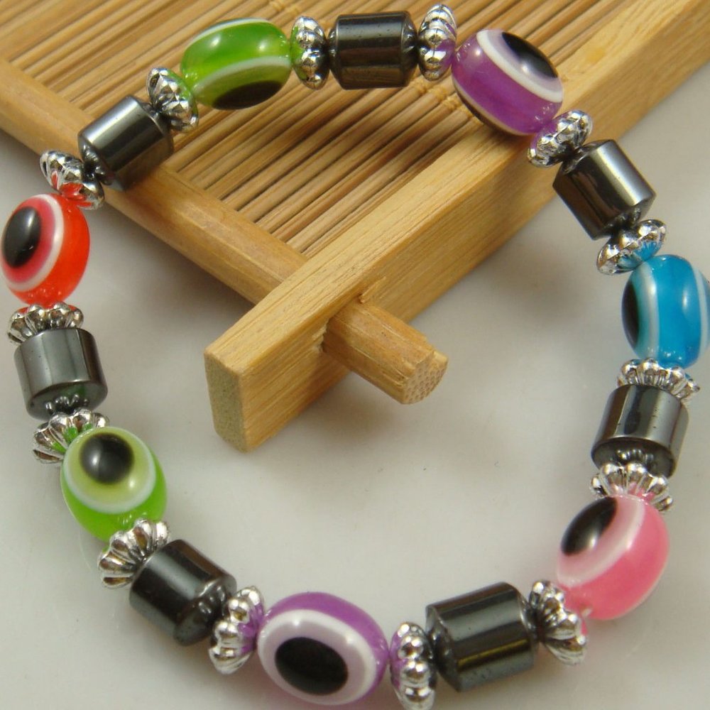 Beautiful Hematite Charm Beaded Evil Eye Bracelet